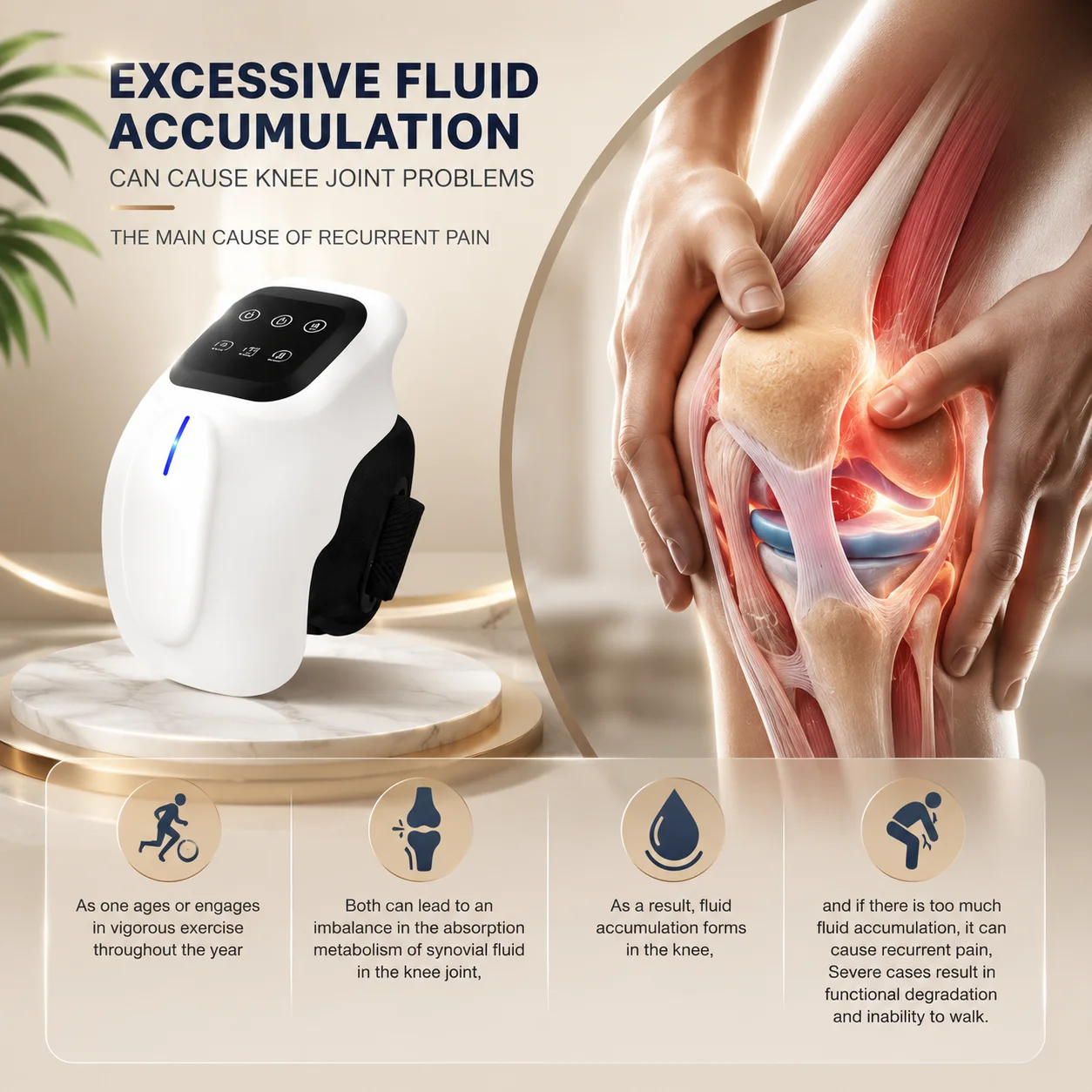 Illustration of fluid build-up around the knee joint that can contribute to discomfort