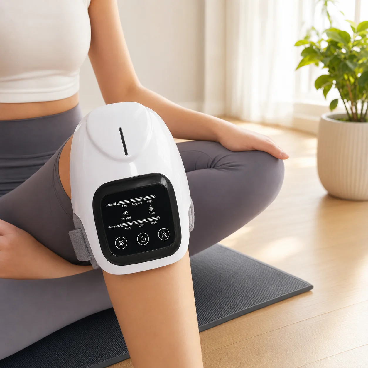 Woman sitting cross-legged on a yoga mat with the GlowKnee wrap on her knee after a light workout