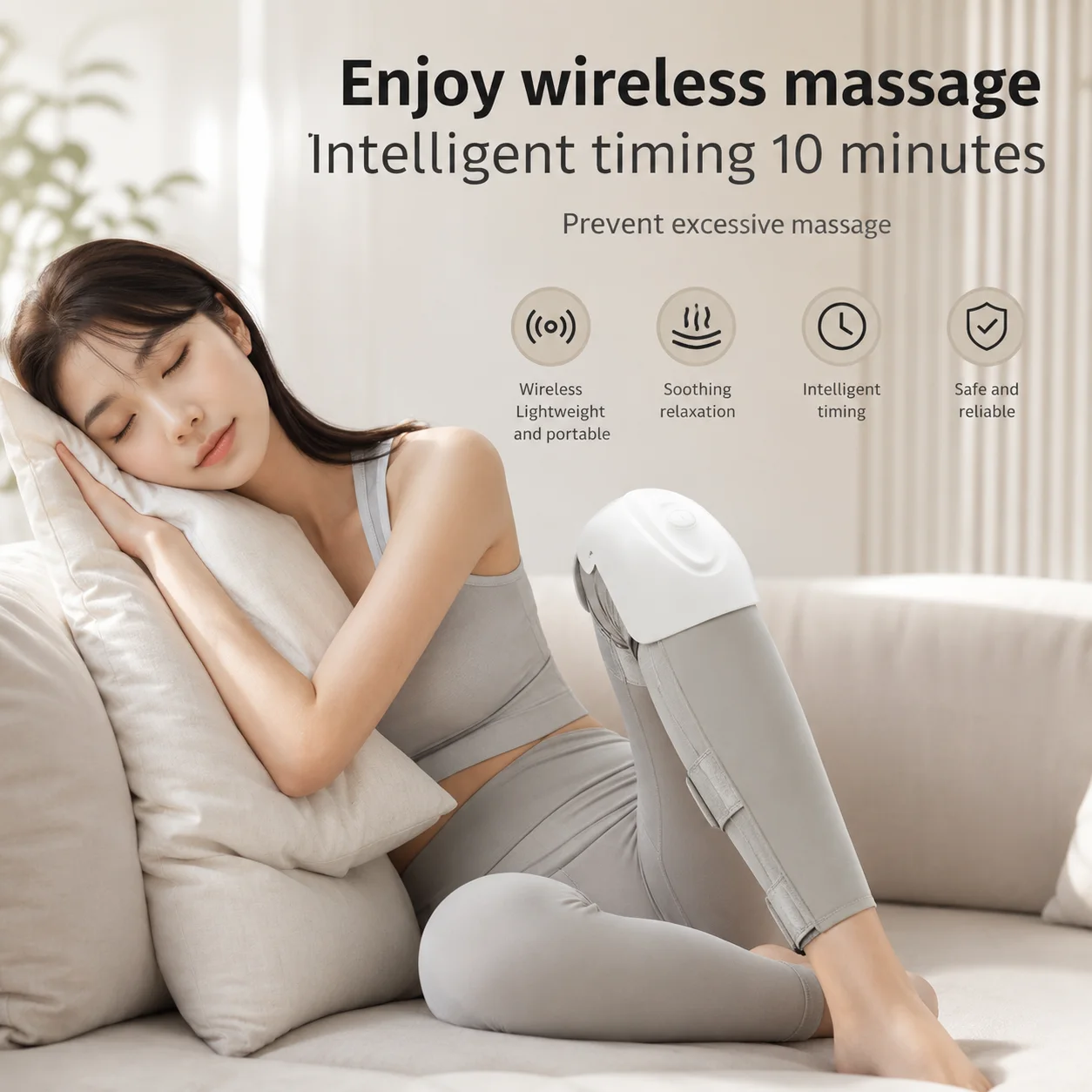 Woman relaxing while the cordless GlowKnee wrap runs a timed session on her leg